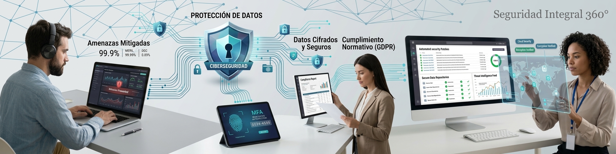 Profesionales trabajando en tableros de ciberseguridad: protección de datos, autenticación multifactor, datos cifrados y cumplimiento normativo.