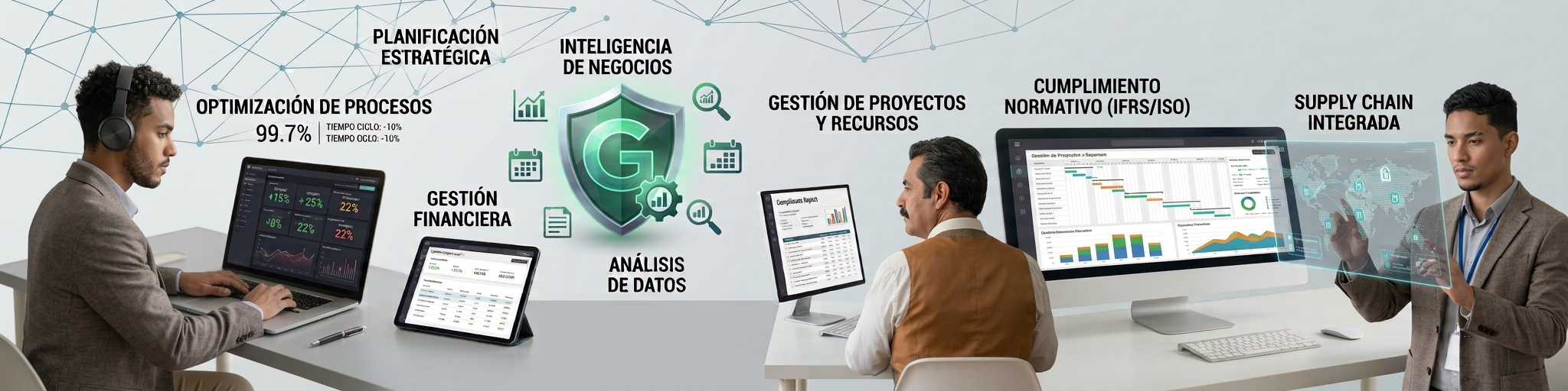 Equipo de trabajo en un entorno empresarial analizando indicadores de gestión, finanzas y procesos.