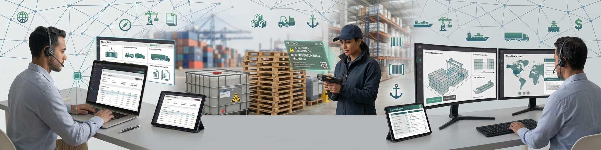 Operación de logística internacional: transporte de carga, almacenamiento y distribución de mercancías.