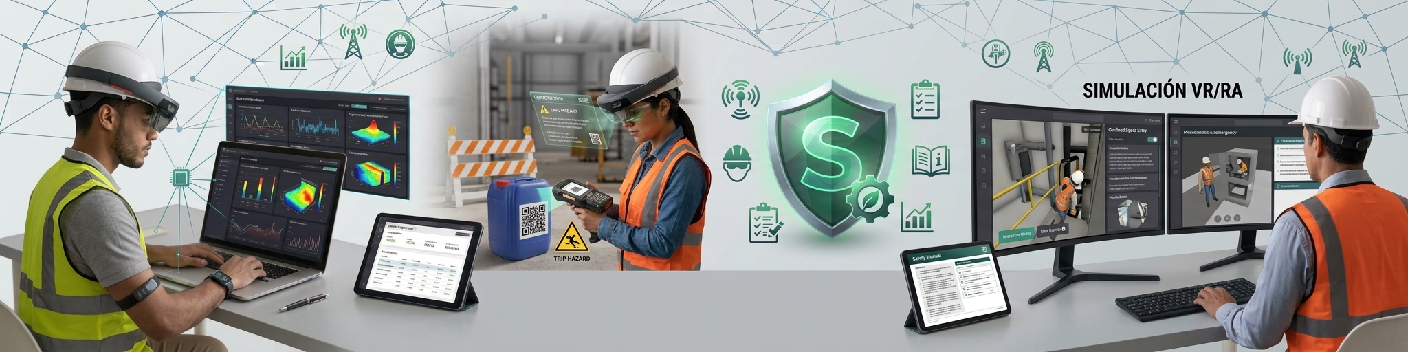 Profesionales de seguridad y salud en el trabajo supervisando riesgos y prácticas seguras en un entorno laboral.